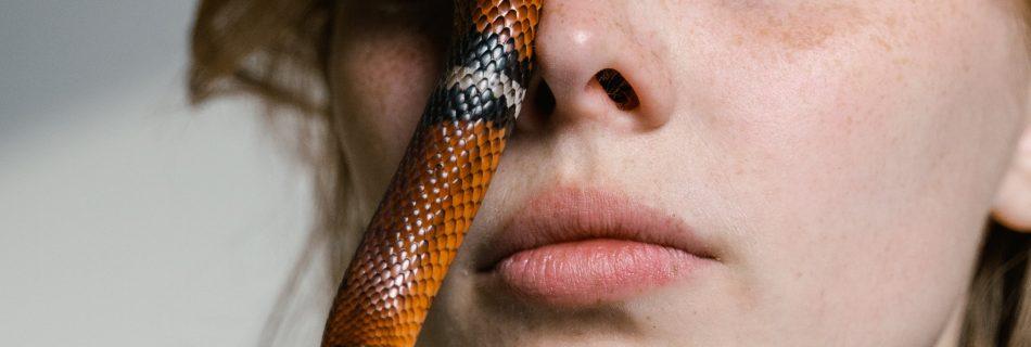 women overcoming fear by letting snake on her face